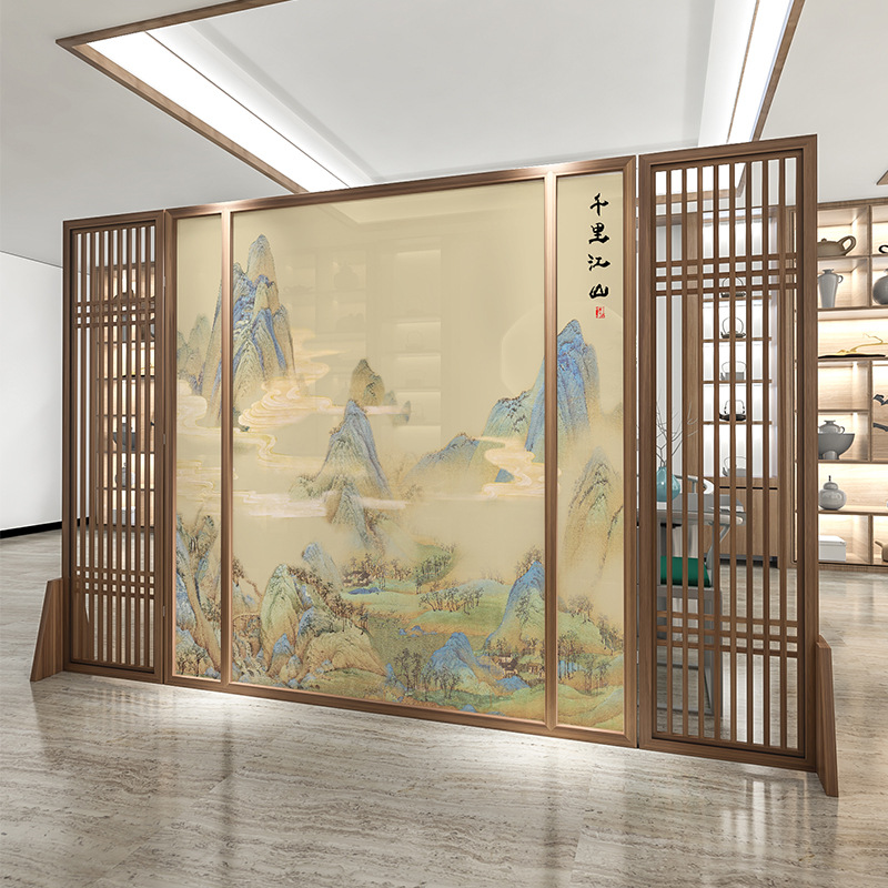 新中式屏风隔断客厅进门遮挡办公室酒店茶室玄关山水实木格栅座屏
