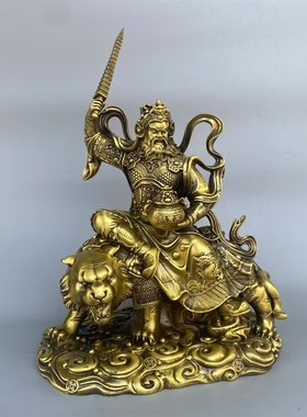 黄铜武财神赵公明骑虎像纯铜玄坛黑虎赵H元帅摆件家用公司开业供