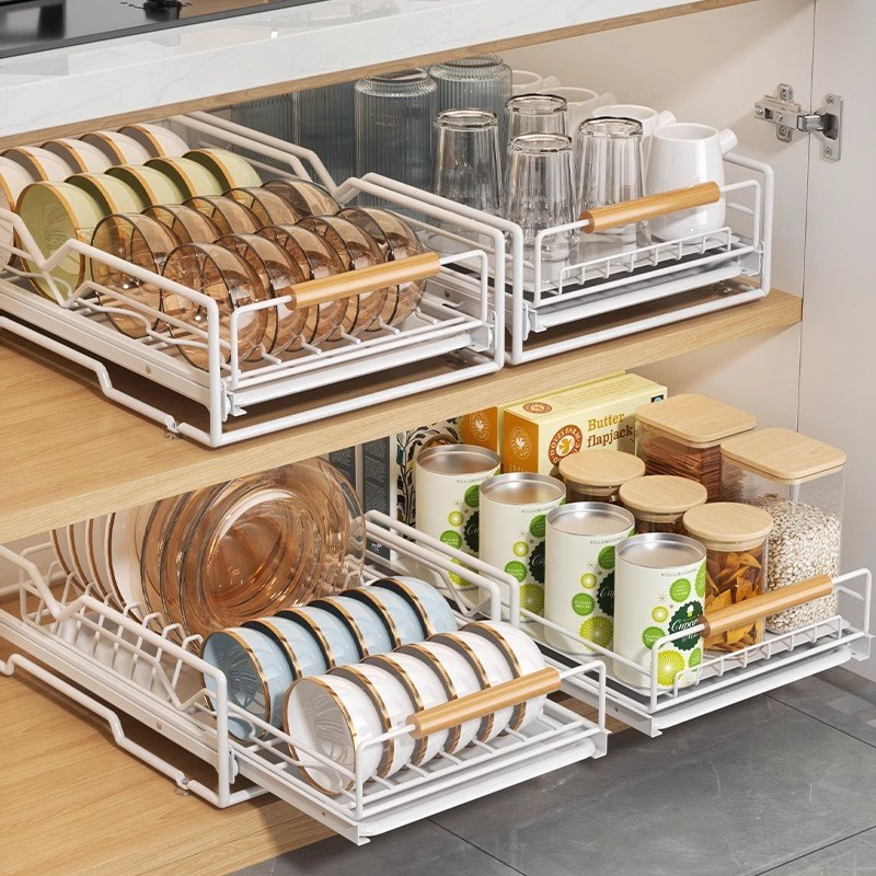 厨房碗盘碗碟收纳架抽屉内碗碟架橱柜内拉篮碗架双层沥水架碗盘架
