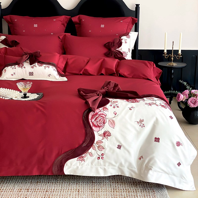 结婚玫瑰100S长绒棉四件套婚房全棉纯棉婚庆被套高档喜被床上用品