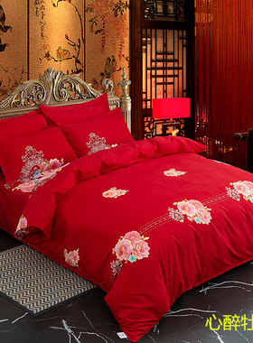 纯棉加厚磨毛被套单件大红色婚庆双人200x230全棉被罩180x220x240