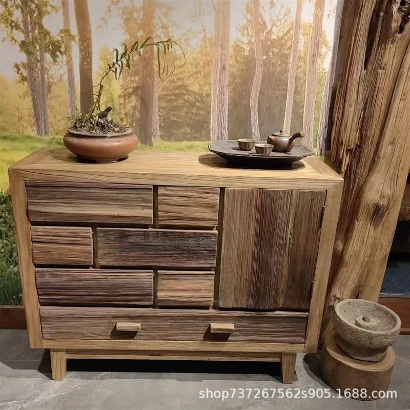 老榆木餐边柜实j木边柜茶水柜复古玄关收纳柜茶室民宿装饰展示茶