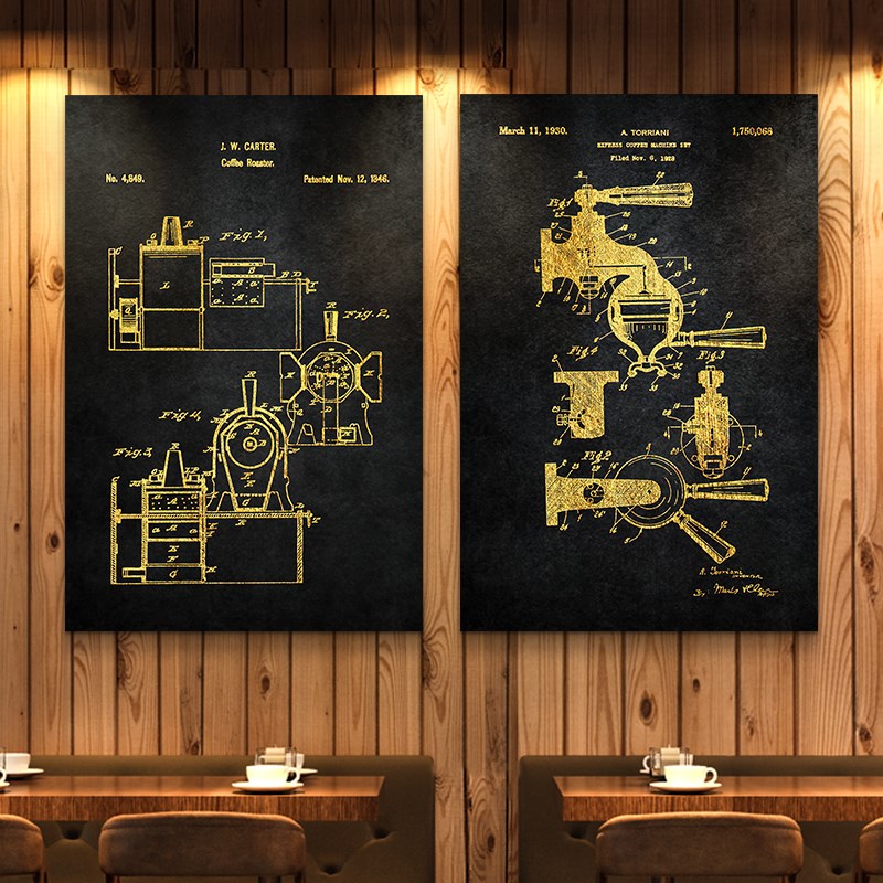 咖啡店墙面装饰画工业风咖啡机结构分解图海报挂画咖啡馆背景壁画