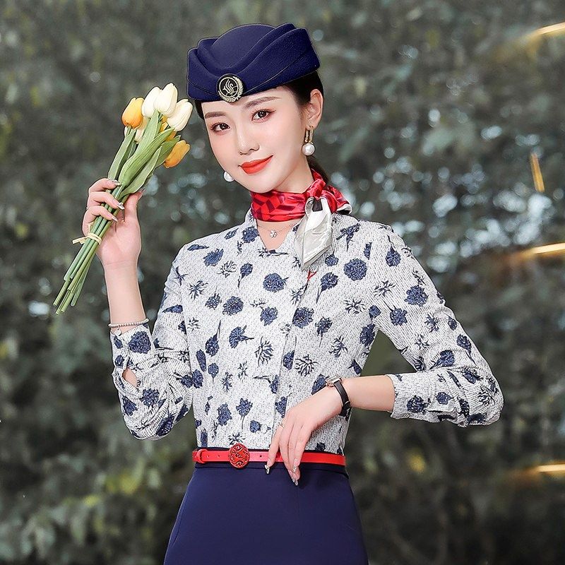 青花瓷衬衣东航空姐o制服职业装美容师彩妆酒店前台工装售楼工作