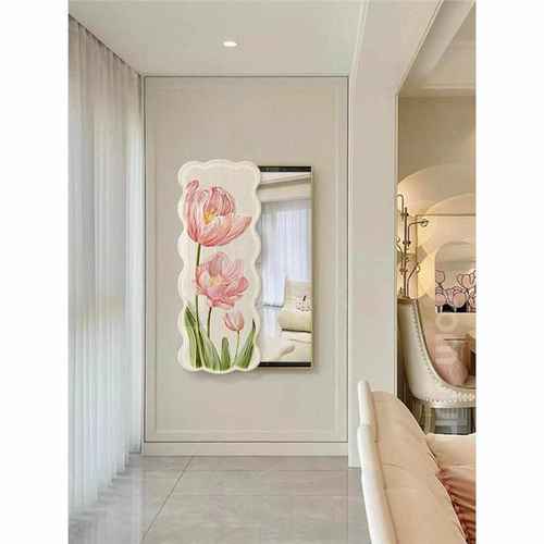 穿衣镜镜推拉全身玄关客厅壁画风奶油装饰画镜子隐藏式挂画花卉