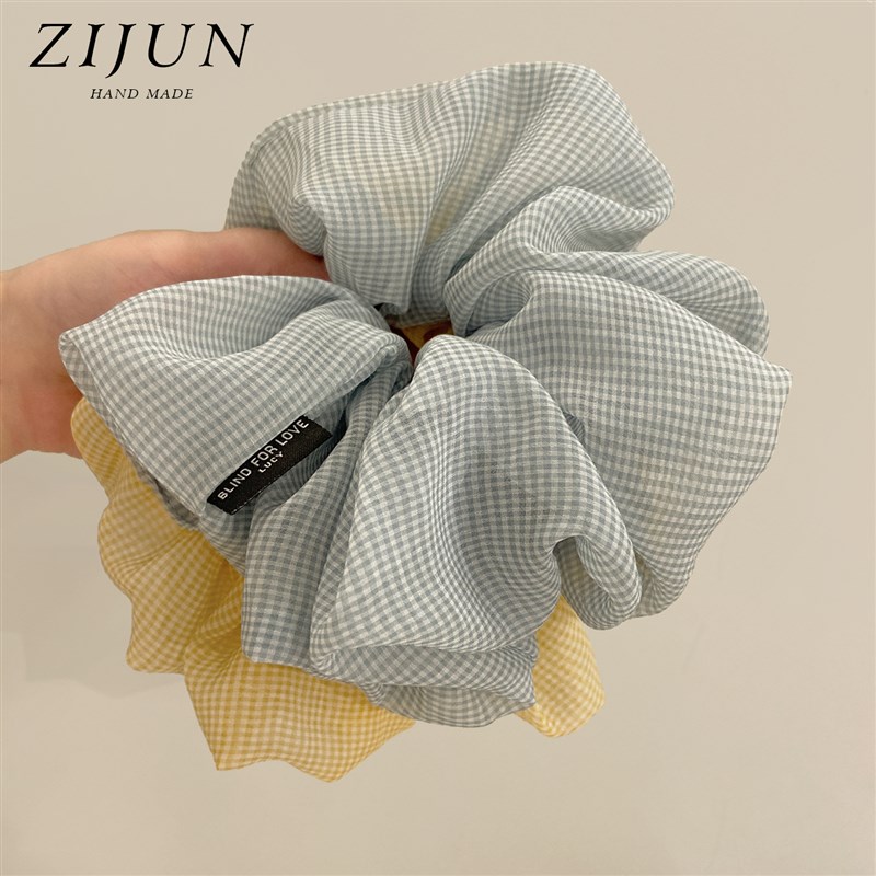 夏日格纹雪纺大肠发圈女新款扎头皮筋耐I用头绳高弹力蓬松马尾发