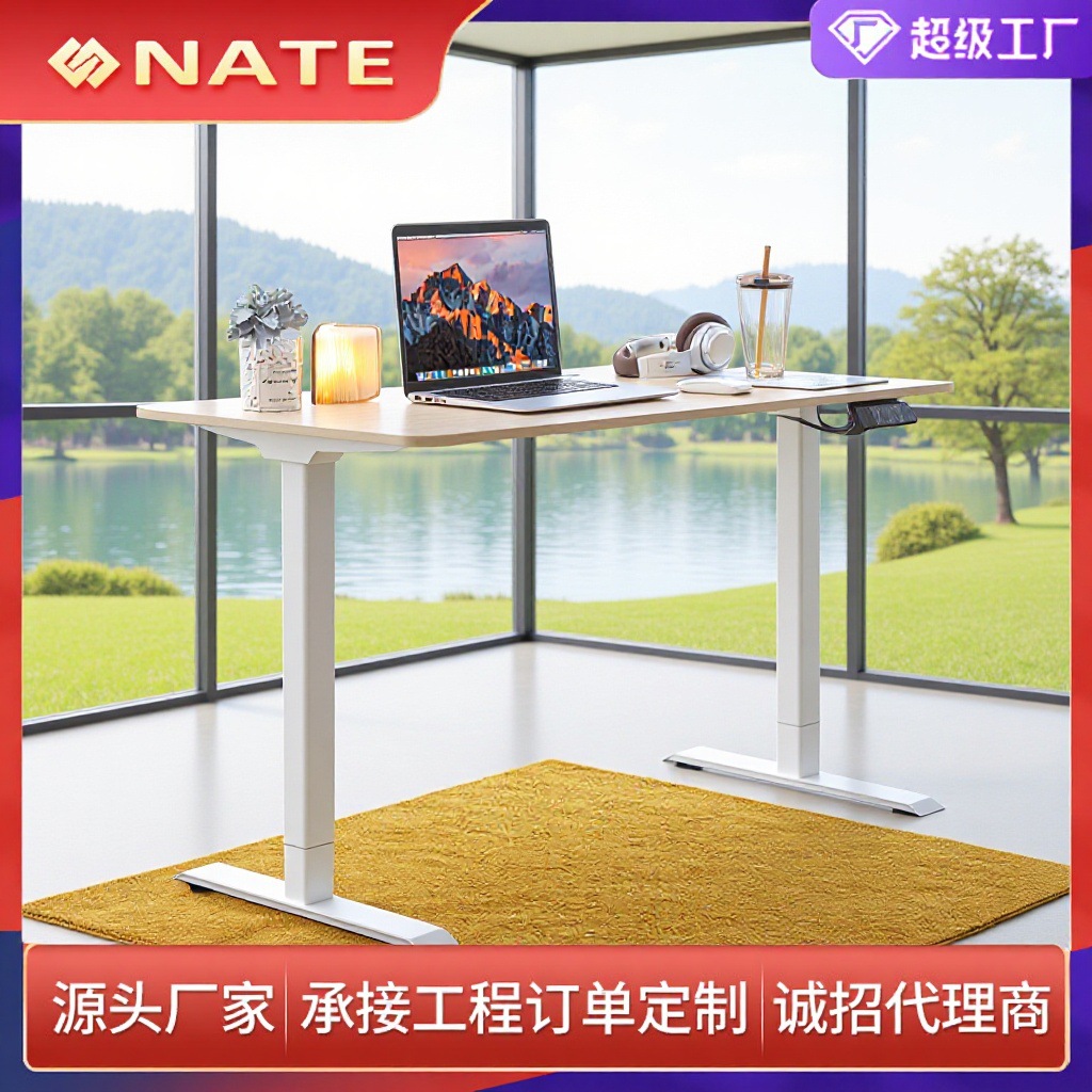 圆弧方管电动升降桌腿双电机伸缩双横梁办公电脑桌支架可升降架子