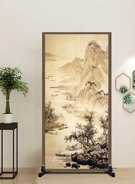山水画屏风隔断客厅入户玄关现代简约办公室布艺双面简易落地座屏