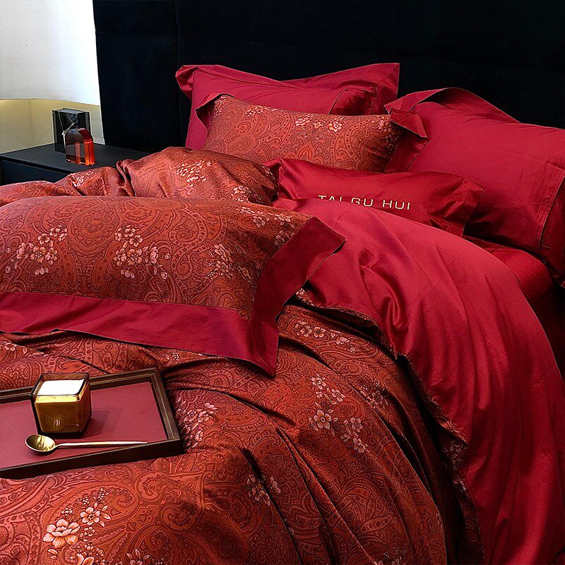 浪漫封存红色婚庆全棉四件套100s长绒棉结婚被套床单纯棉嫁娶床品