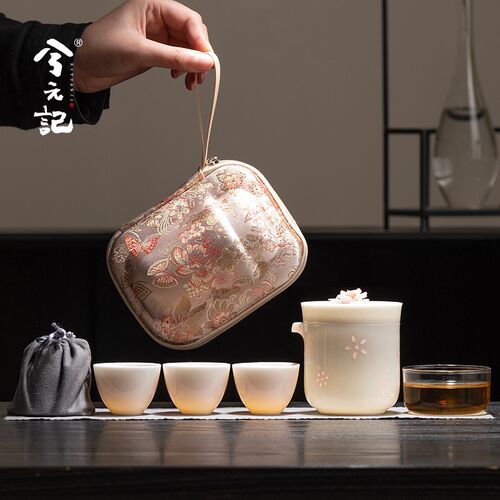 玉瓷玲珑旅行茶具套装一人饮女士捏花快客杯一壶T三杯便携喝茶装