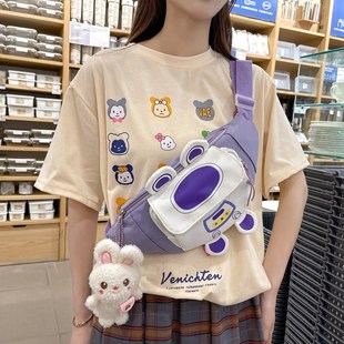 可爱帆布包包女20新款 潮百搭卡通胸包网红少女街头斜挎腰包
