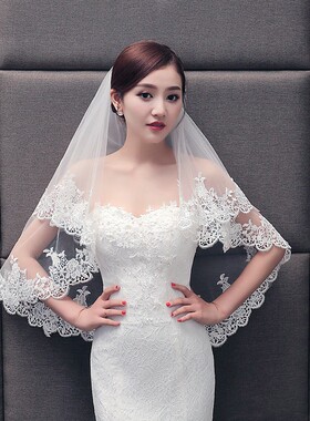 新娘结婚头纱韩式短款双层发梳新款简约拍照旅拍网格香.槟红白色