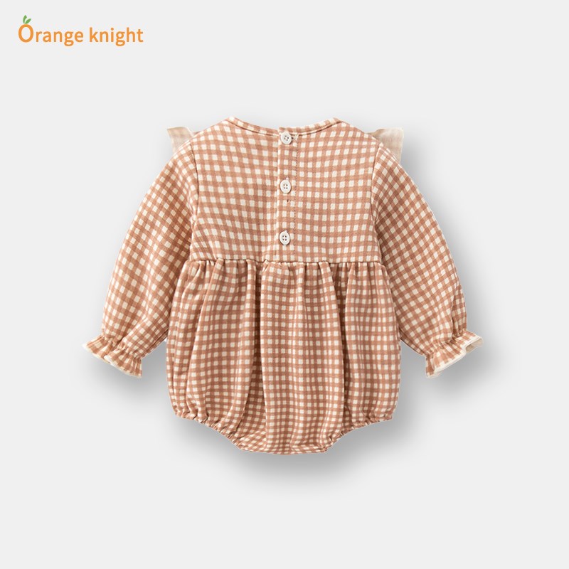 婴儿春秋季连体衣新生女宝宝公主包屁衣韩国服装格子满月哈衣爬服
