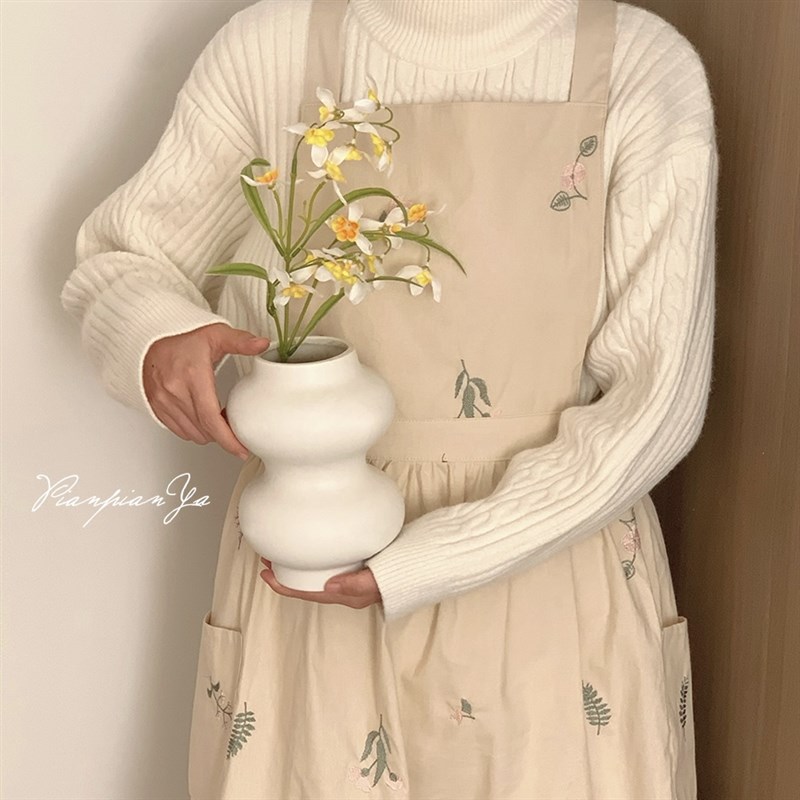 荷叶边刺绣围裙家用厨房无袖中长款罩衣马甲式防水防油做饭围裙