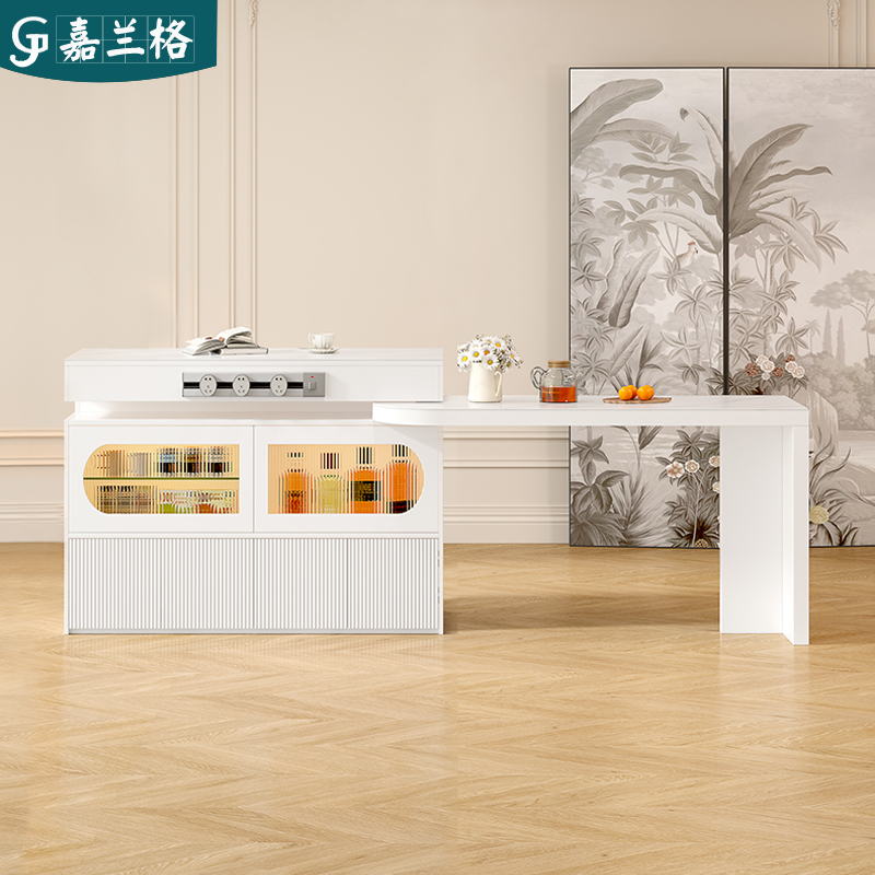 法式奶油风旋转伸缩岛台餐桌一体厨房餐厅岩板料理吧台柜隔断柜子