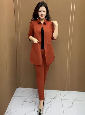 时尚洋气b空气棉风衣春秋宽松显瘦中长款纯色衬衣+小脚裤两件套装