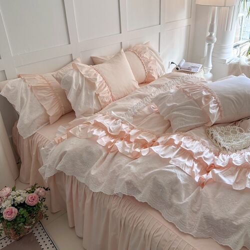 浪漫少女a水洗棉蕾丝花边蝴蝶结床裙款纯棉全棉被套床上用品四件