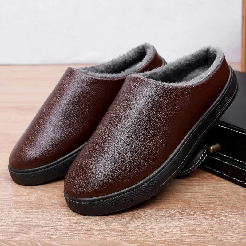 冬季PU防水棉拖鞋女冬季厚底家居情侣室内防滑保暖男拖鞋皮革拖鞋