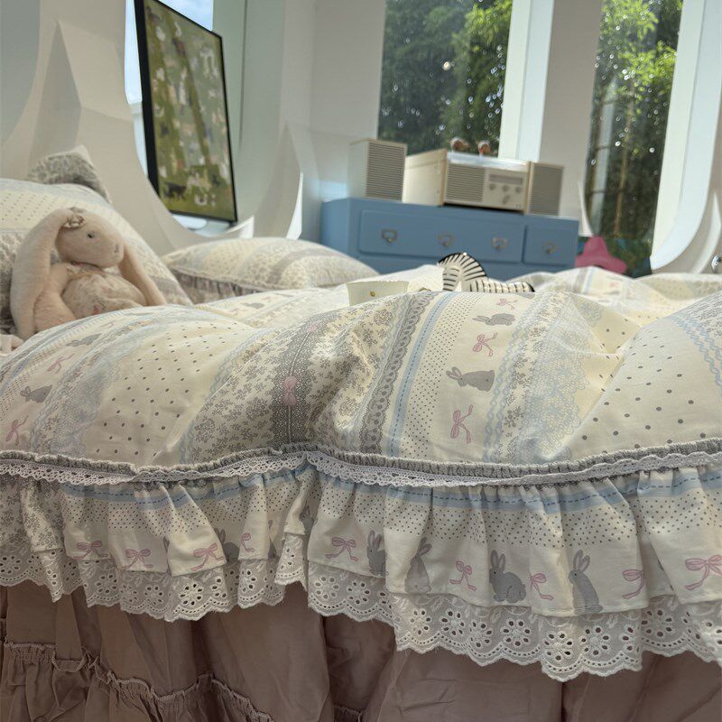 ins法式少女心田园花边纯棉森林小兔床裙四件套全棉1.5m1.8米被套