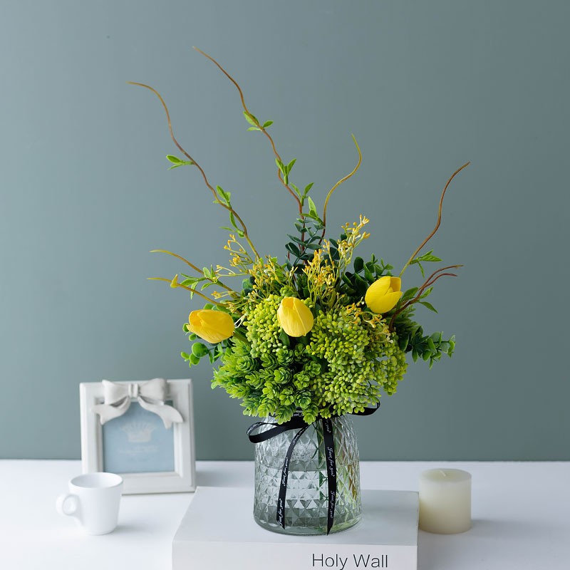 北欧绿枝假花塑i料彷真花花艺客厅B装饰摆件花束餐桌透明玻璃花瓶