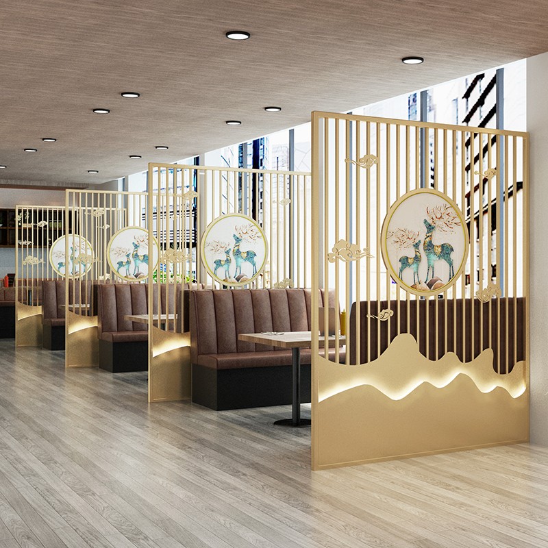 中式餐厅铁艺屏风火锅店卡座隔断墙饭店包间格栅酒店W玄关镂空装