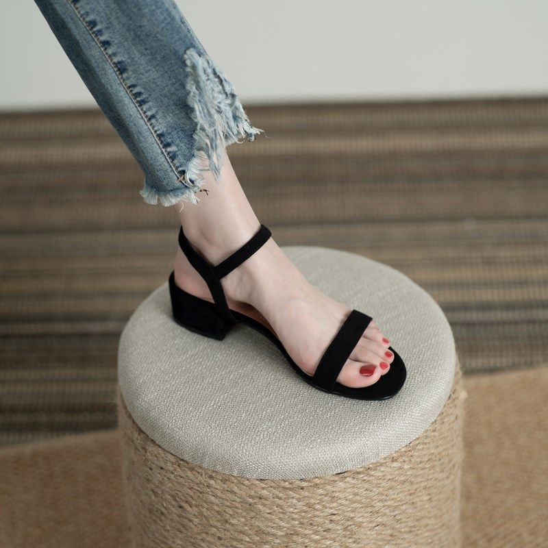 凉鞋女夏2024年新款一字带中跟粗跟仙女风气质高跟鞋黑色罗马女鞋,女鞋,时装凉鞋,淘宝优惠券,粉丝福利购,淘宝优惠卷