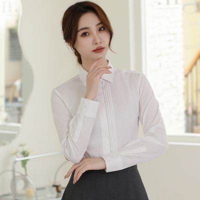 白色长袖衬衫女秋款高棉设计感小众小个子职业Q通勤面试衬衣工作