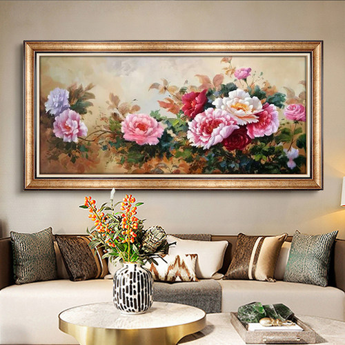 牡丹花横幅壁画美式客厅装饰画沙发背景J墙挂画乡村餐厅卧室床头