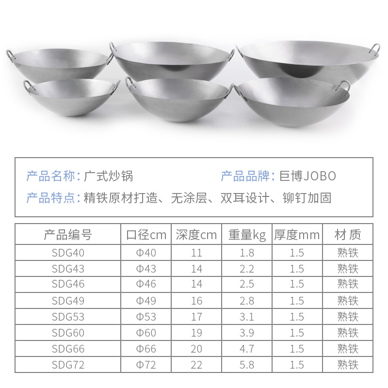 传统铁锅广式手打锅手打炒锅厨房大铁锅大灶锅无涂层加厚双耳熟铁