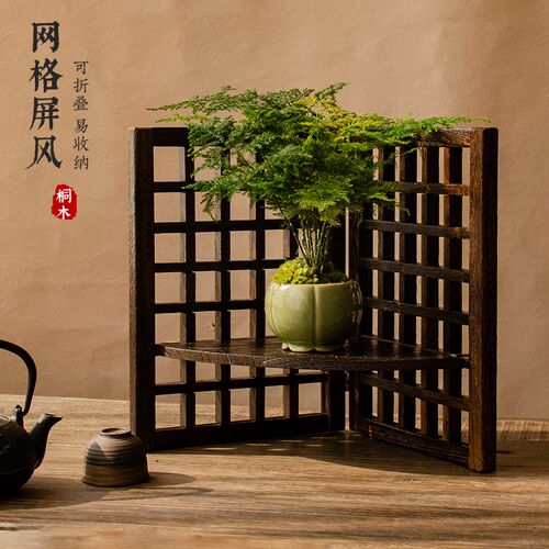 实木小屏风e桌面摆件镂空手工艺品中古风装饰仿古茶具花架屏风架