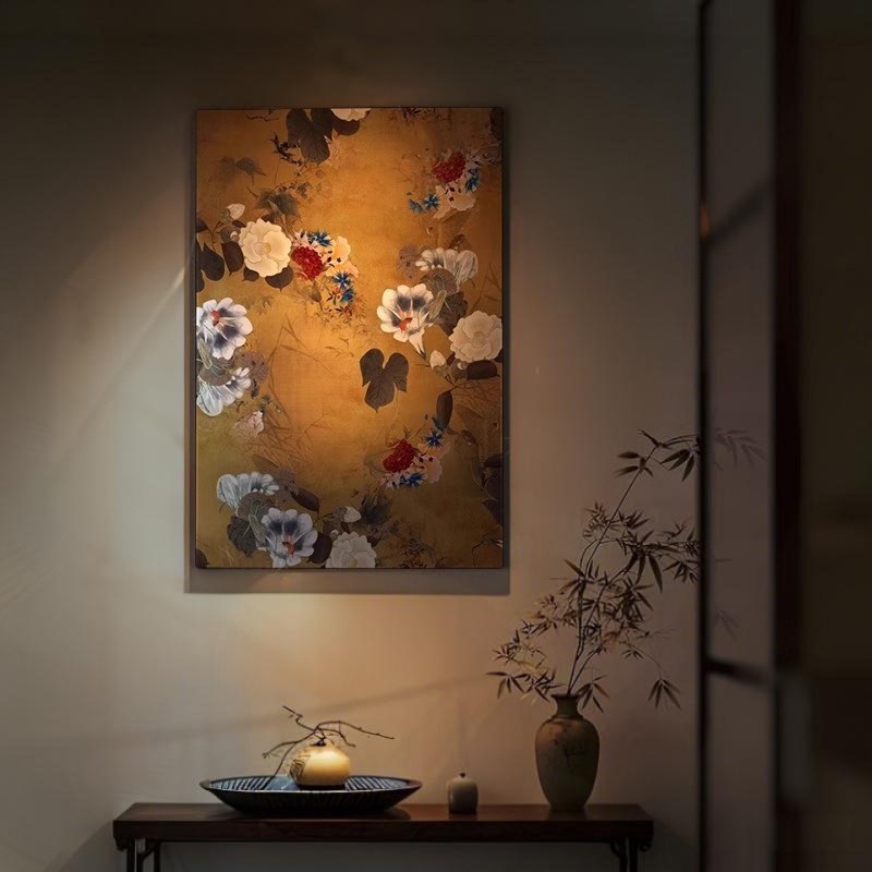 中古金色牡丹木质漆画玄关立体肌理感挂画法式客厅背景墙装饰画图片