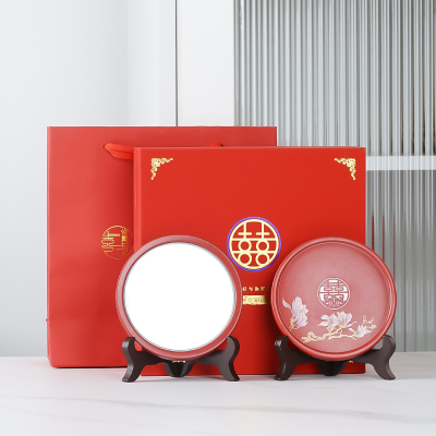 比翼连理结婚陪嫁新人镜子一对红色陶瓷圆镜便携补妆化妆小镜子