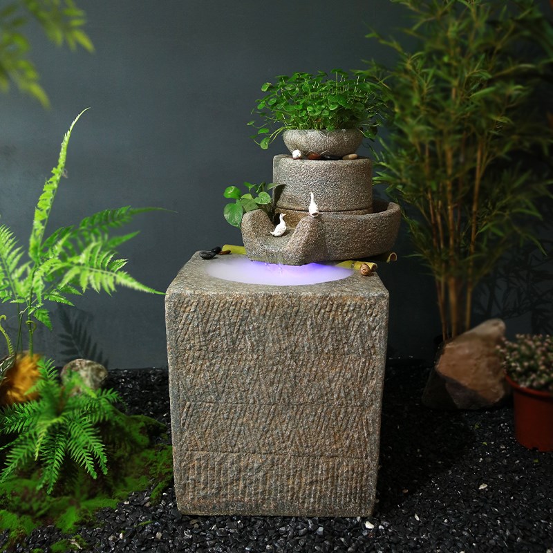 流水摆件仿石磨石槽竹排循环水古法鱼缸庭院户外鱼池造景中式摆件