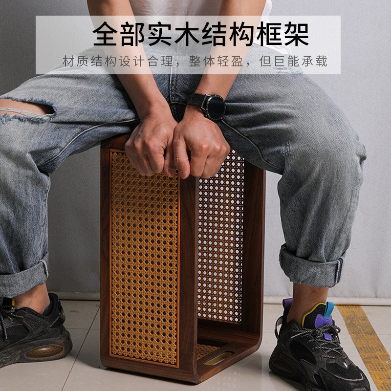 北美黑胡桃木藤编收纳筐桌面日式手工编织筐杂物储物筐提手纳篮