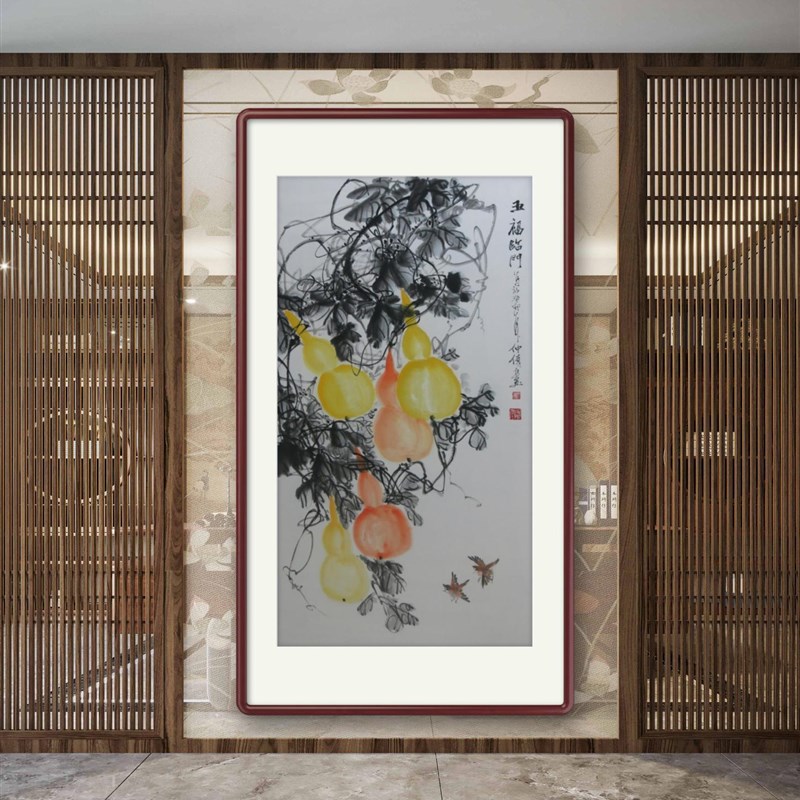 葫芦装饰画手绘国画五福临门卷轴挂画新中式玄关走廊花鸟画水墨画
