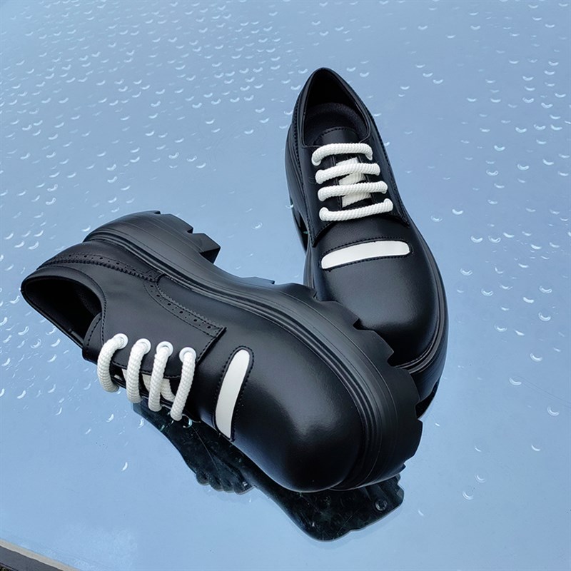 高跟小皮鞋男发型师厚底内增高级拼接低帮圆头英伦风德比鞋7厘米6