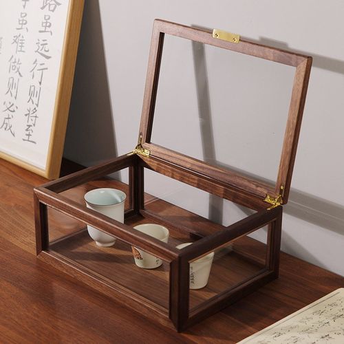 黑胡桃木茶具收纳盒桌面防尘玻璃展示柜文玩手串紫砂壶茶杯收纳柜