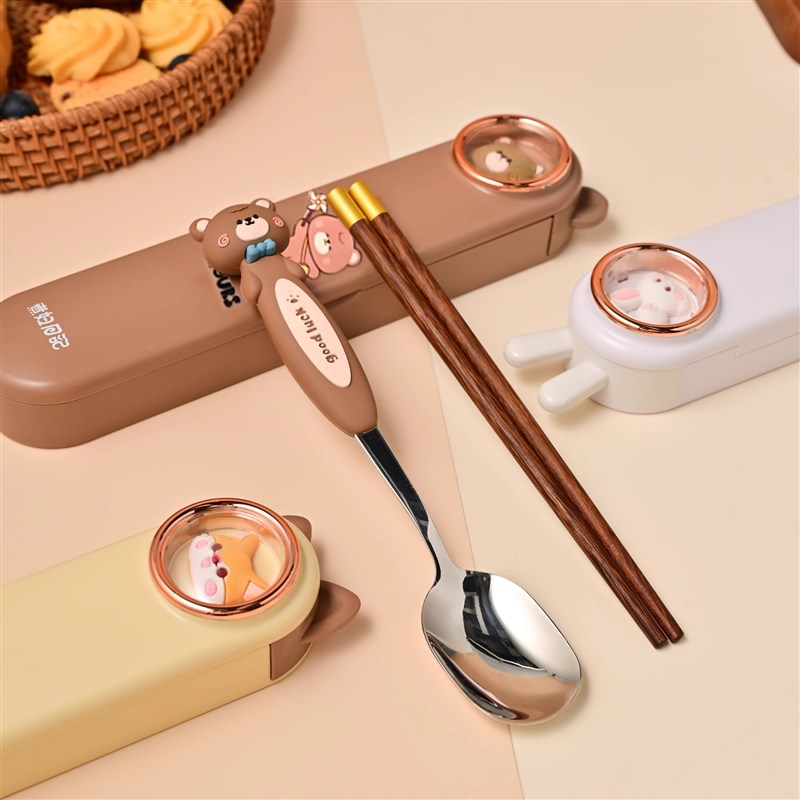 便携式筷子勺子套装收纳盒可爱卡通学生儿童316不锈钢餐具一人用