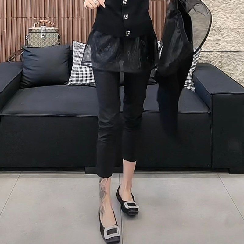 欧货个性洋气一体假两件纸u皮裤拼纱遮肉打底裙裤夏弹力显瘦九分