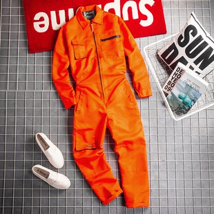 耐磨汽修工装 男宽松春秋长袖 万圣节服饰 连体工作服套装 橙色美式