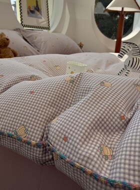 ins风母婴田园少女心紫色花边双层纱水果格子四件套1.5m1.8米全棉