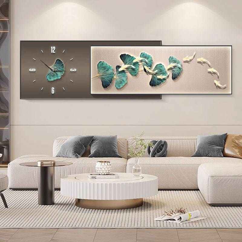 九鱼图客厅装饰画带钟表银杏叶高级感沙发背景墙两联叠加挂钟挂画