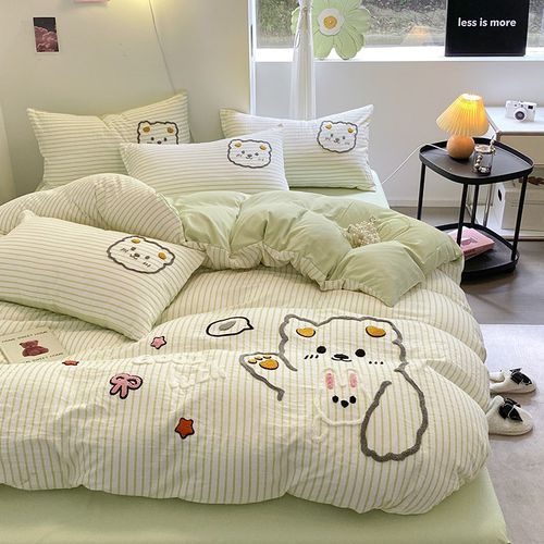 卡通水洗棉毛巾绣四件套被套非纯棉全棉床单宿舍床上三件套床品4