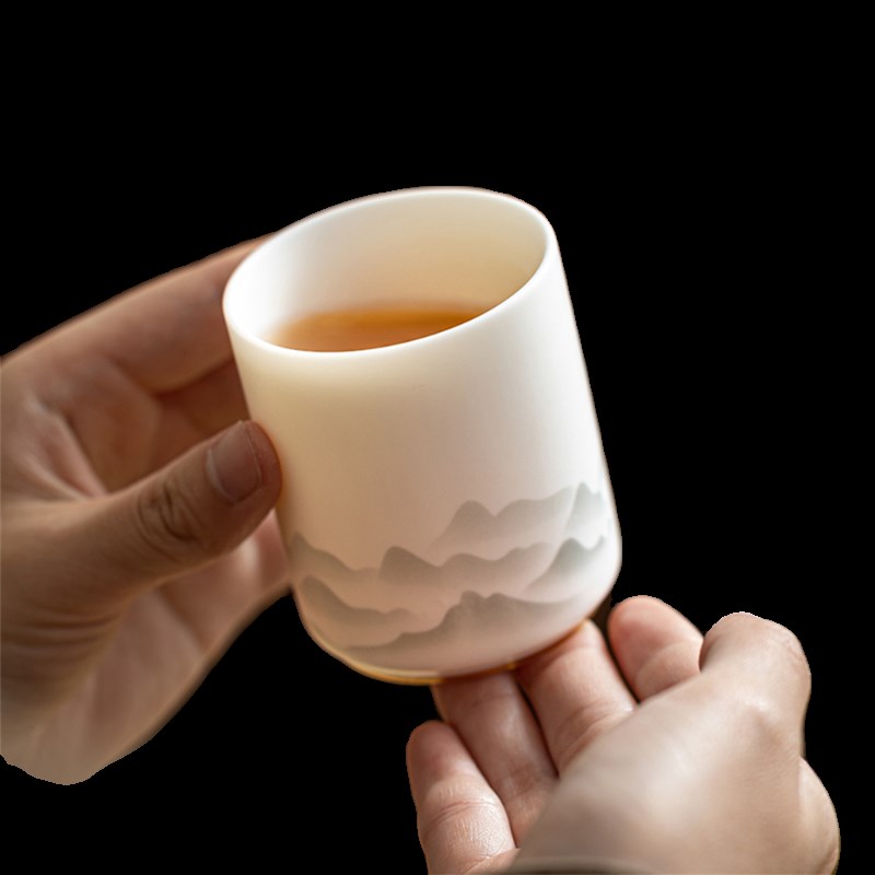水墨江山冰种玉瓷主人杯情侣对杯手绘描金个人品茗杯大号茶盏