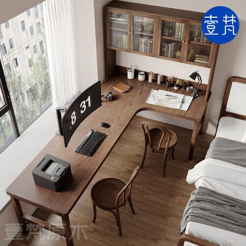 转角双人书桌带书柜一体桌书房儿童学F习写字桌简约长条办公电脑