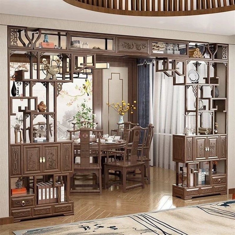 实木伸缩月洞门博古架新中式客厅门隔断背景墙月亮拱门新款定制