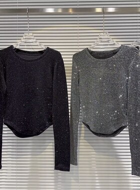 胖mm2-300斤特大码早秋辣妹满身水钻亮丝M设计弧形边T恤衫小衫女