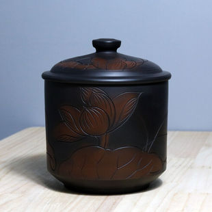 现货放茶叶的罐子建水紫陶茶罐建水紫陶茶叶罐陶瓷密封罐手工雕刻