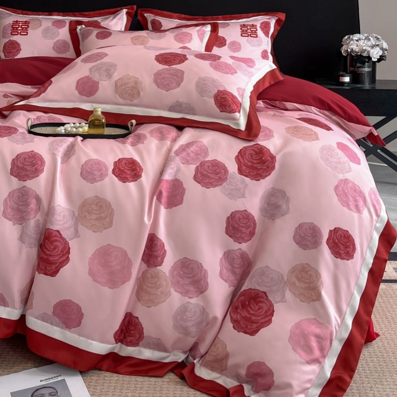 中式结婚四件套大红色新婚陪嫁床单被套纯棉婚庆床上用品婚房喜被