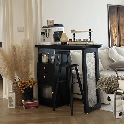实木吧台桌家用小户型客厅隔断高脚桌岛台黑色餐边柜咖啡桌一体